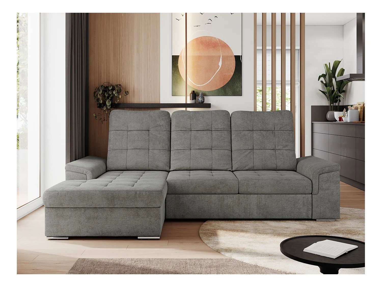 Ecksofa MADRITO - mit verstellbarer Rückenlehne, Armlehnen, gestepptem Sitz und Rückenlehne, Schlaffunktion - Grau Struktur - Ecke Links