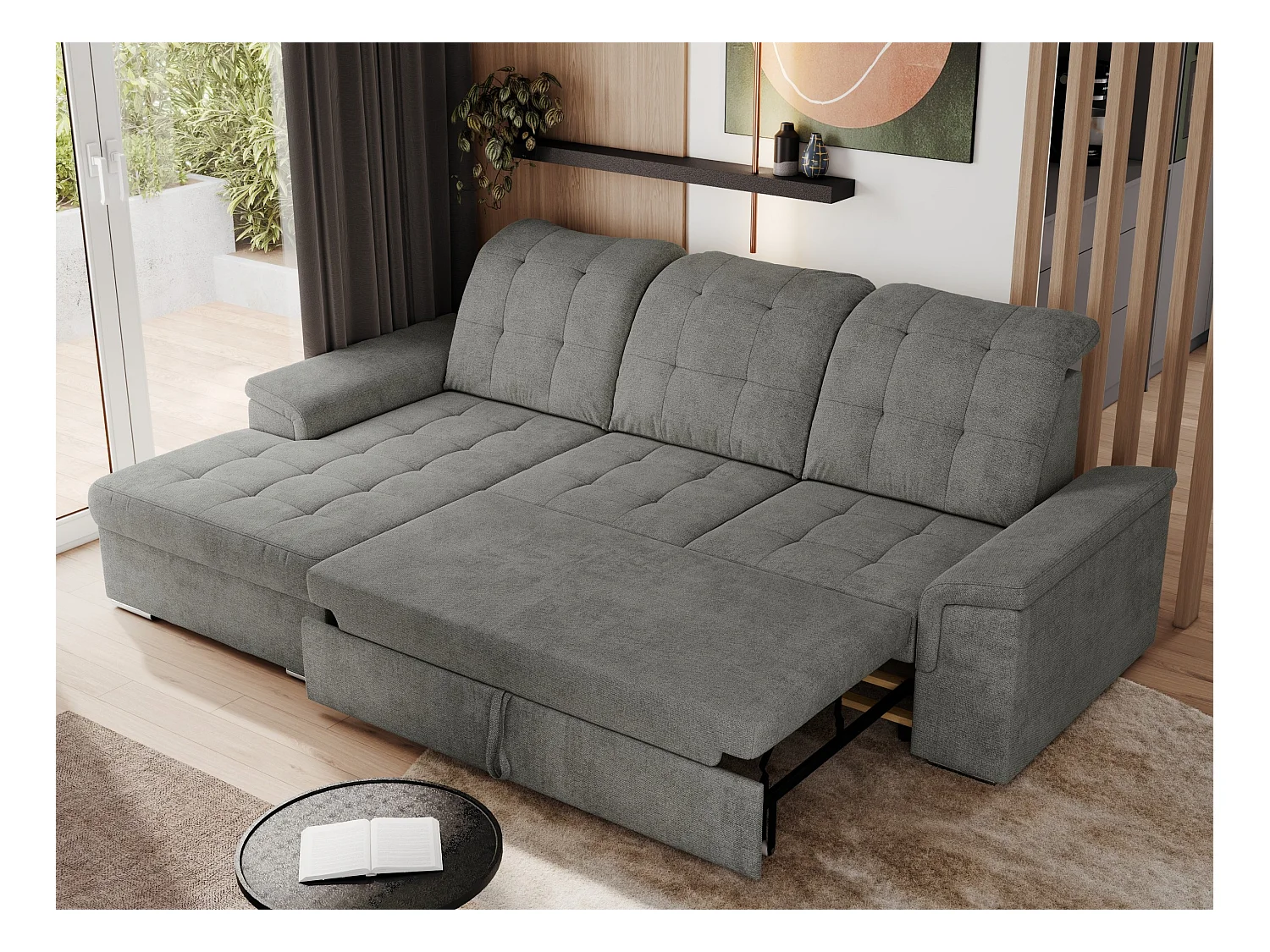 Ecksofa MADRITO - mit verstellbarer Rückenlehne, Armlehnen, gestepptem Sitz und Rückenlehne, Schlaffunktion - Grau Struktur - Ecke Links