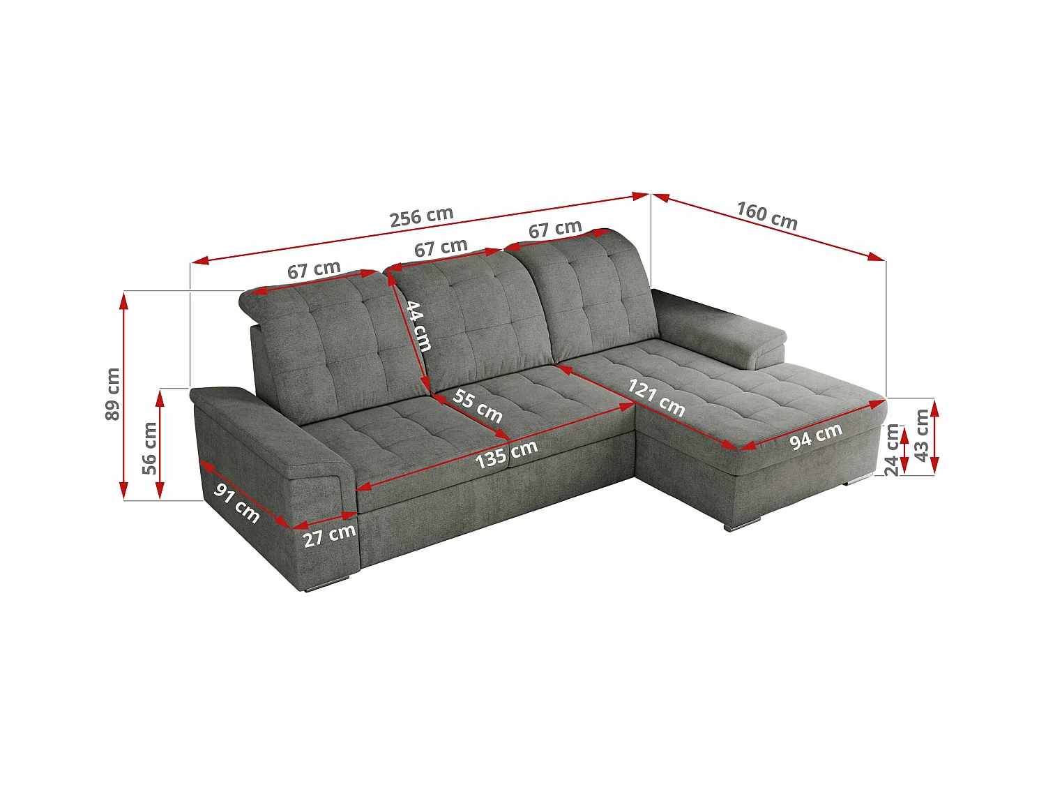 Ecksofa MADRITO - mit verstellbarer Rückenlehne, Armlehnen, gestepptem Sitz und Rückenlehne, Schlaffunktion - Grau Struktur - Ecke Links