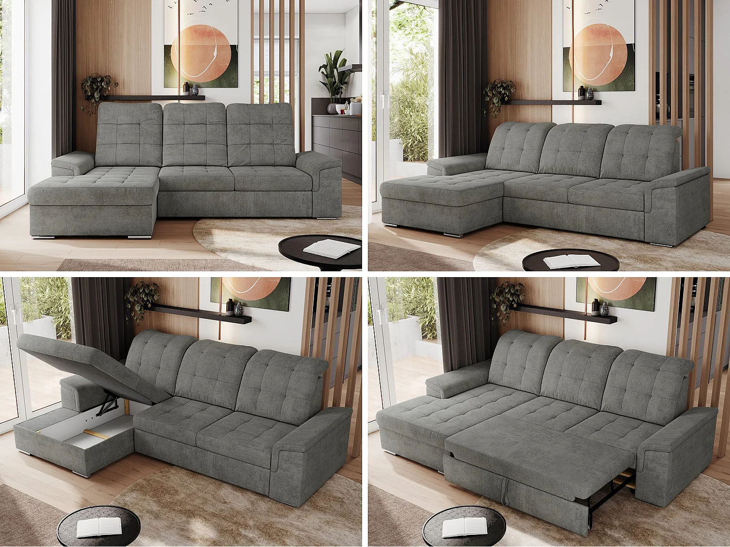 Ecksofa MADRITO - mit verstellbarer Rückenlehne, Armlehnen, gestepptem Sitz und Rückenlehne, Schlaffunktion - Grau Struktur - Ecke Links