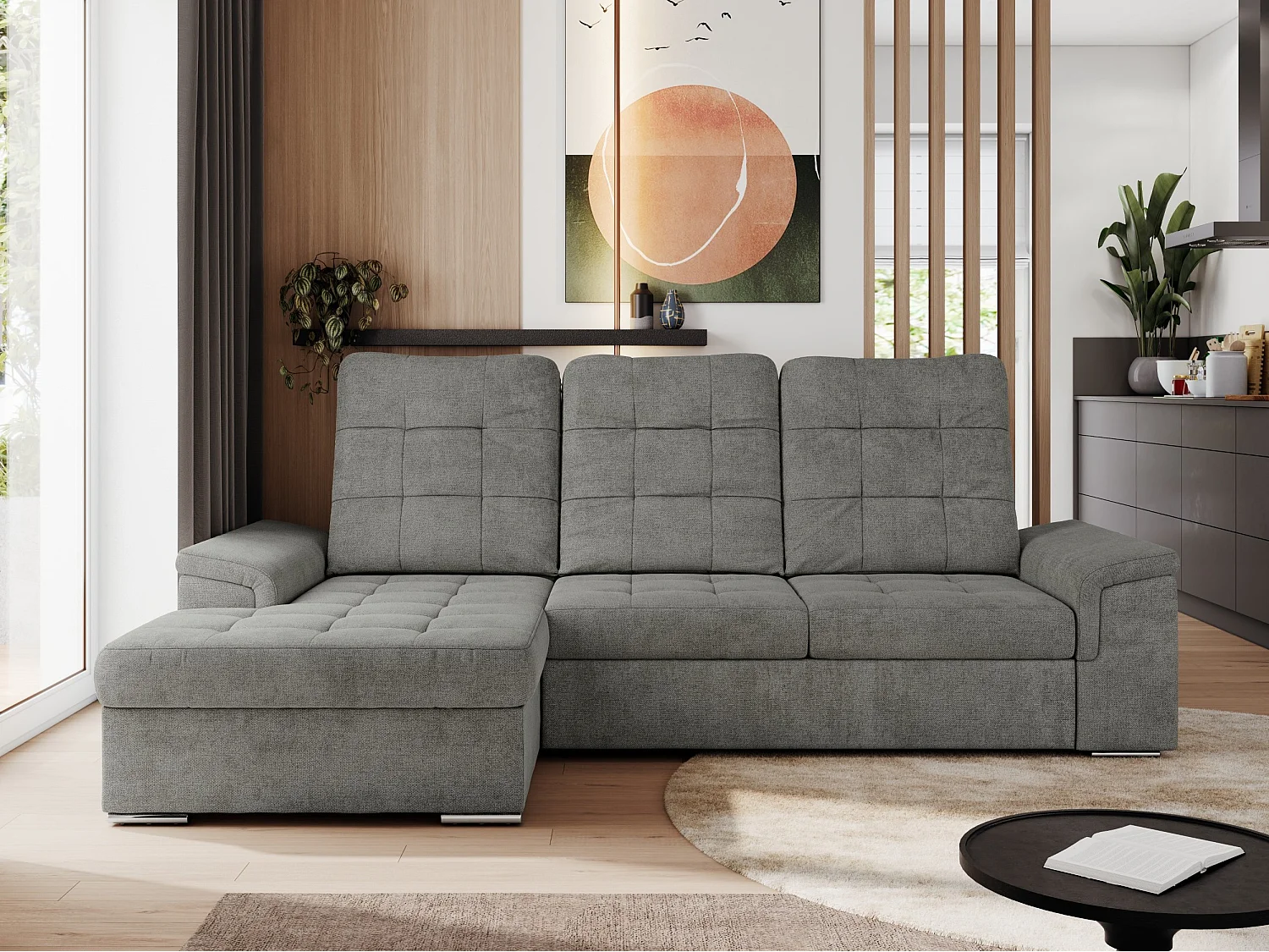 Ecksofa MADRITO - mit verstellbarer Rückenlehne, Armlehnen, gestepptem Sitz und Rückenlehne, Schlaffunktion - Grau Struktur - Ecke Links