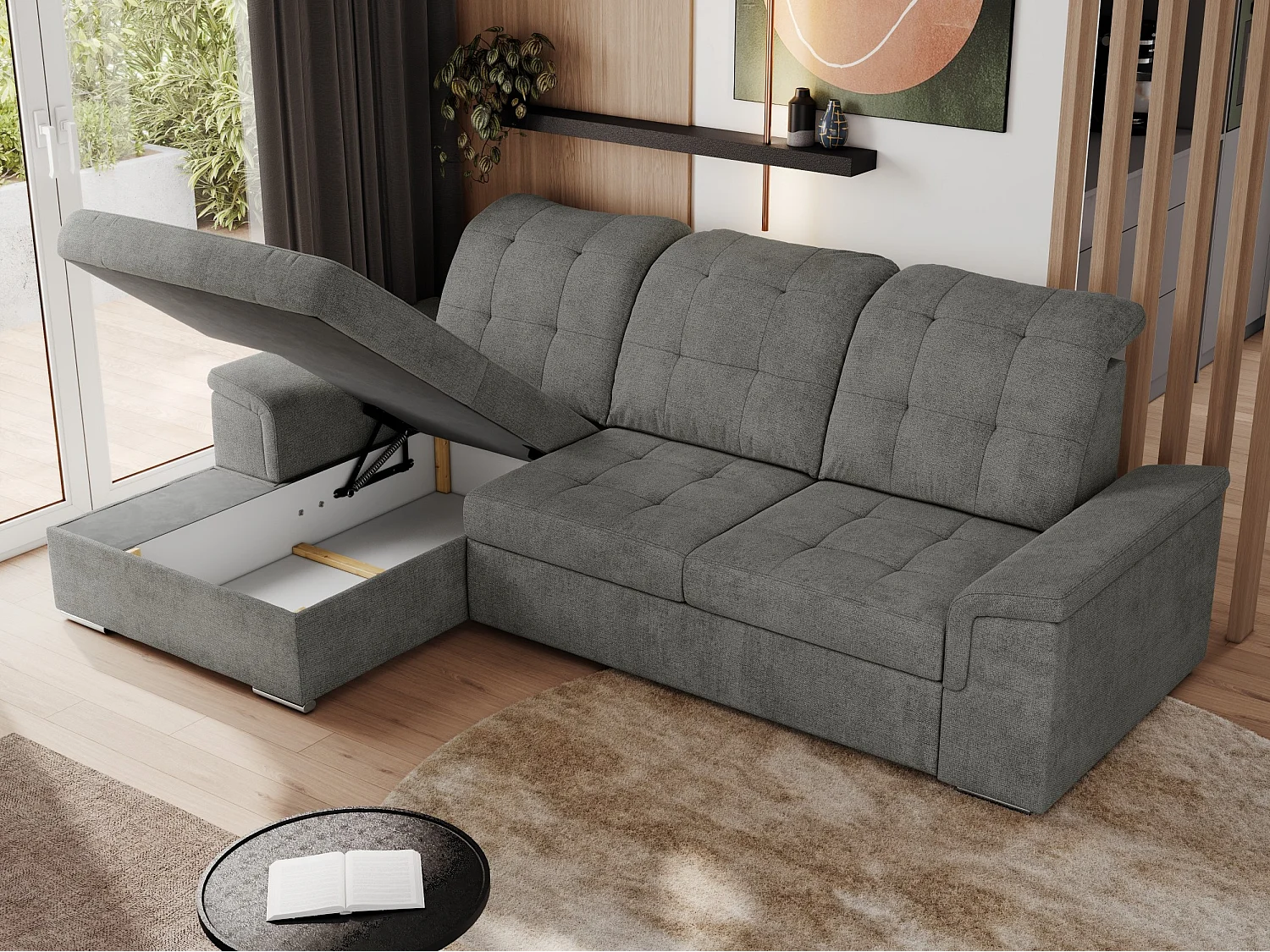 Ecksofa MADRITO - mit verstellbarer Rückenlehne, Armlehnen, gestepptem Sitz und Rückenlehne, Schlaffunktion - Grau Struktur - Ecke Links