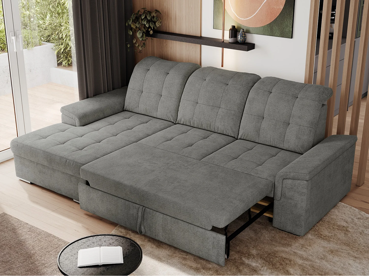 Ecksofa MADRITO - mit verstellbarer Rückenlehne, Armlehnen, gestepptem Sitz und Rückenlehne, Schlaffunktion - Grau Struktur - Ecke Links