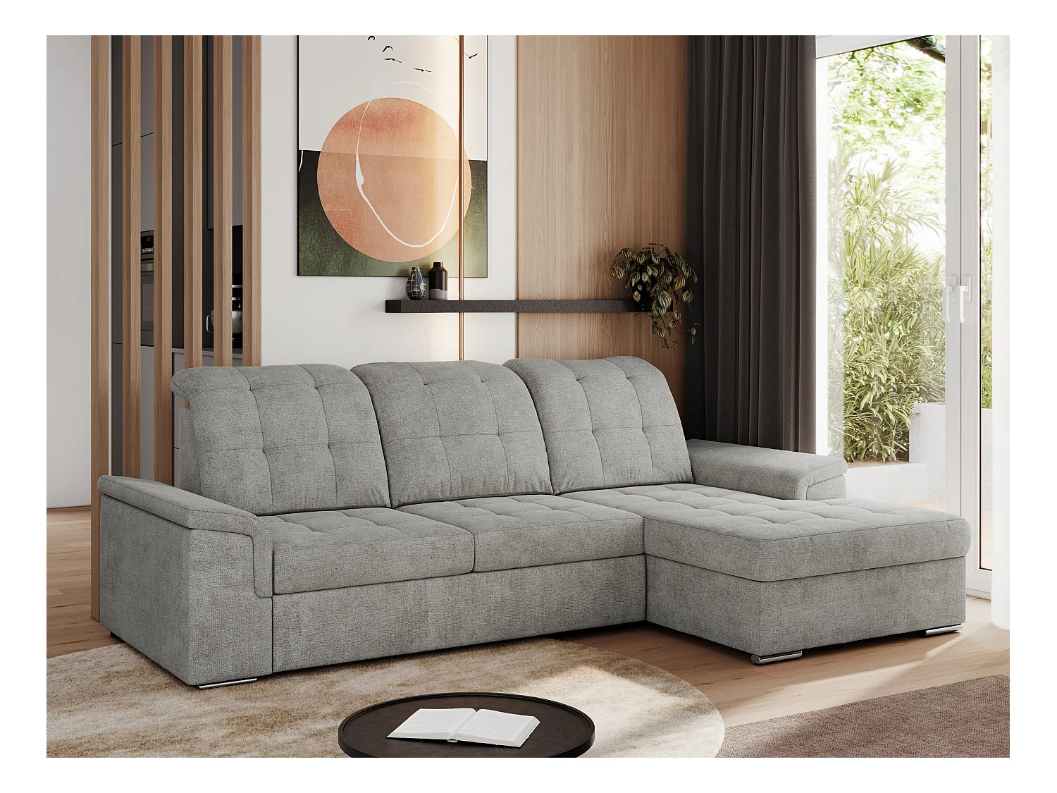 Ecksofa MADRITO - mit verstellbarer Rückenlehne, Armlehnen, gestepptem Sitz und Rückenlehne, Schlaffunktion - Hellgrau Struktur - Ecke Rechts