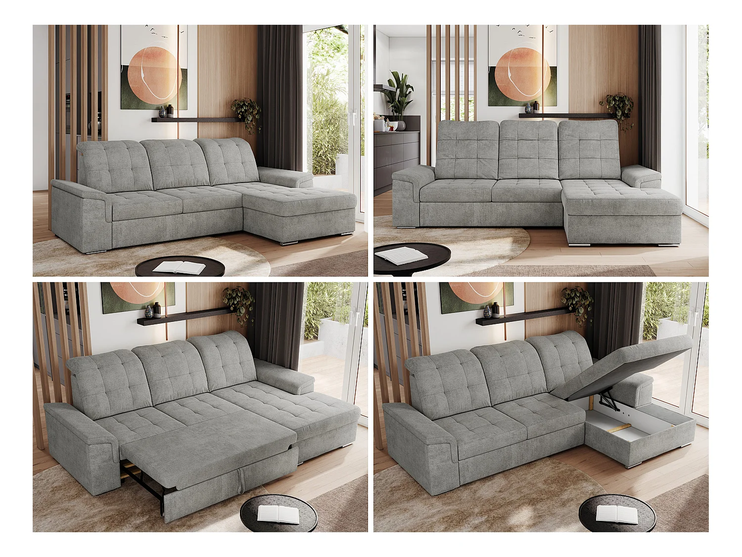 Ecksofa MADRITO - mit verstellbarer Rückenlehne, Armlehnen, gestepptem Sitz und Rückenlehne, Schlaffunktion - Hellgrau Struktur - Ecke Rechts