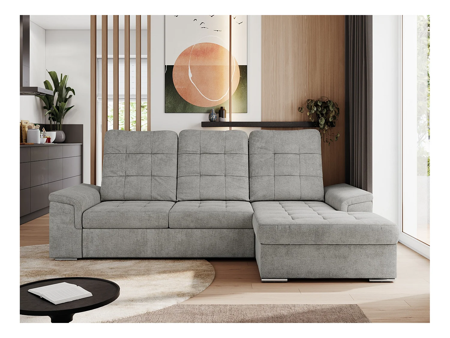 Ecksofa MADRITO - mit verstellbarer Rückenlehne, Armlehnen, gestepptem Sitz und Rückenlehne, Schlaffunktion - Hellgrau Struktur - Ecke Rechts