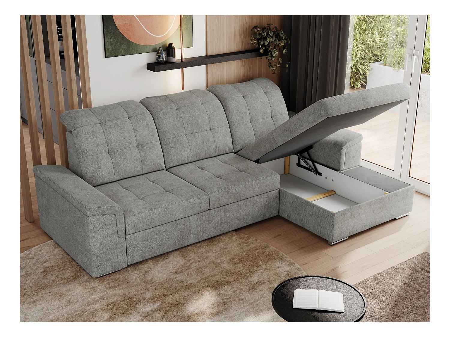 Ecksofa MADRITO - mit verstellbarer Rückenlehne, Armlehnen, gestepptem Sitz und Rückenlehne, Schlaffunktion - Hellgrau Struktur - Ecke Rechts