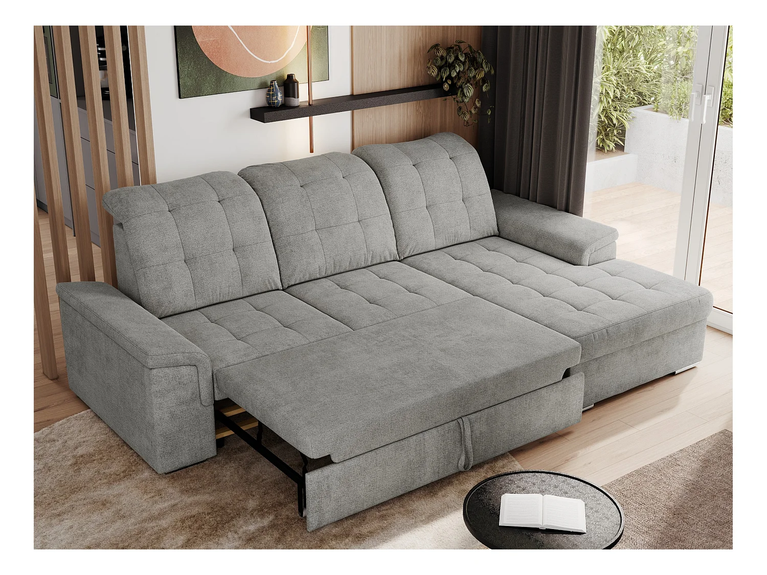 Ecksofa MADRITO - mit verstellbarer Rückenlehne, Armlehnen, gestepptem Sitz und Rückenlehne, Schlaffunktion - Hellgrau Struktur - Ecke Rechts