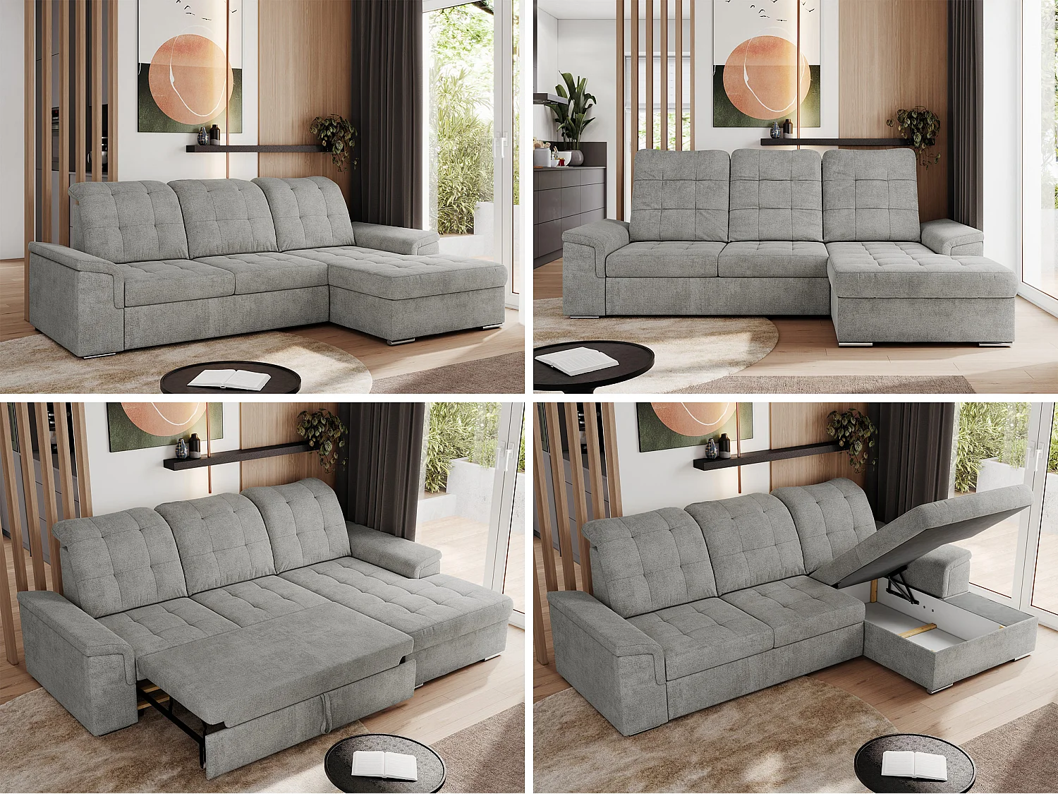 Ecksofa MADRITO - mit verstellbarer Rückenlehne, Armlehnen, gestepptem Sitz und Rückenlehne, Schlaffunktion - Hellgrau Struktur - Ecke Rechts