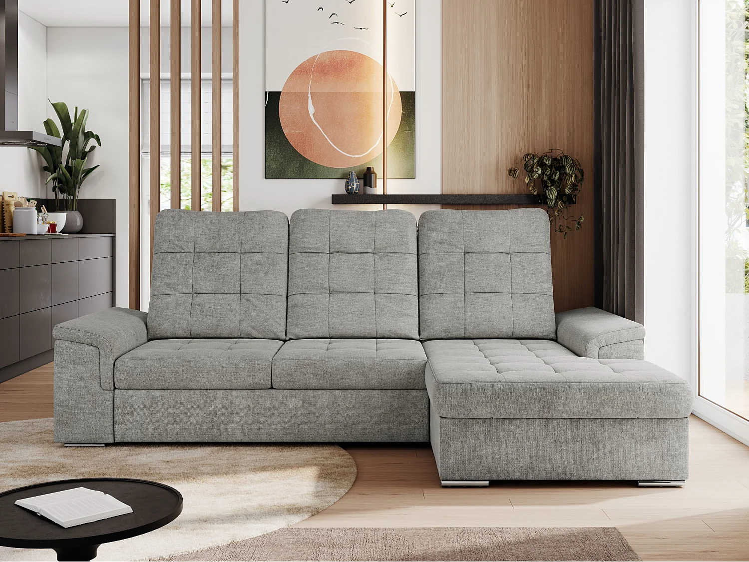 Ecksofa MADRITO - mit verstellbarer Rückenlehne, Armlehnen, gestepptem Sitz und Rückenlehne, Schlaffunktion - Hellgrau Struktur - Ecke Rechts