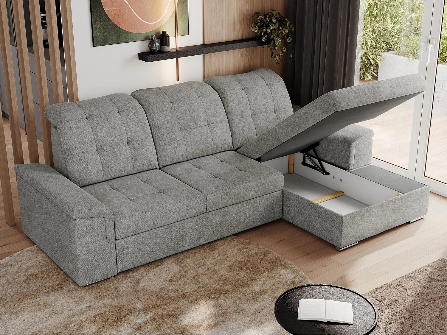 Ecksofa MADRITO - mit verstellbarer Rückenlehne, Armlehnen, gestepptem Sitz und Rückenlehne, Schlaffunktion - Hellgrau Struktur - Ecke Rechts