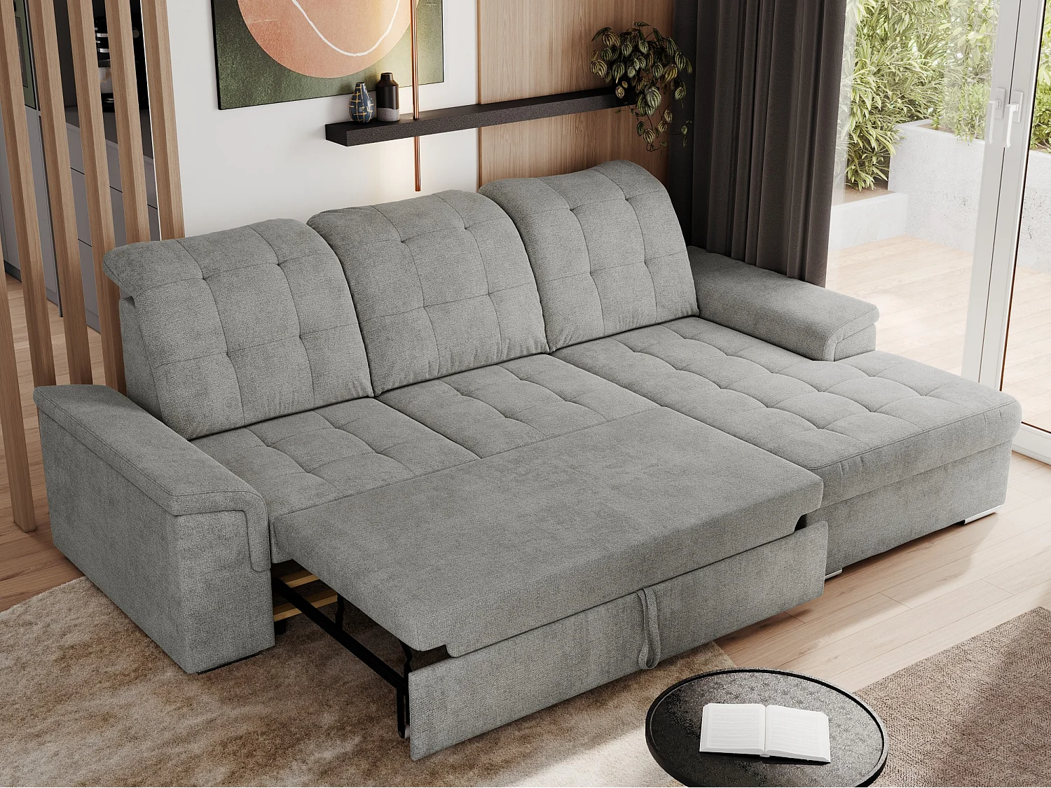 Ecksofa MADRITO - mit verstellbarer Rückenlehne, Armlehnen, gestepptem Sitz und Rückenlehne, Schlaffunktion - Hellgrau Struktur - Ecke Rechts