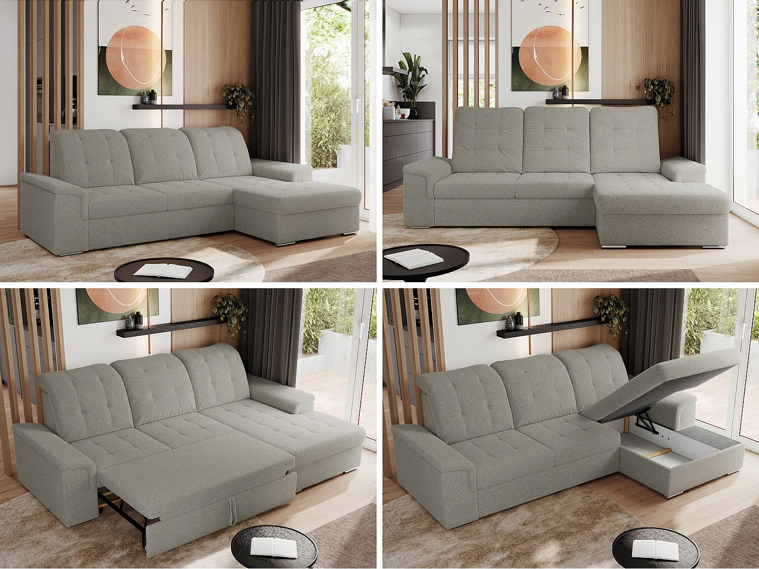 Ecksofa MADRITO - mit verstellbarer Rückenlehne, Armlehnen, gestepptem Sitz und Rückenlehne, Schlaffunktion - Hellgrau Boucle - Ecke Rechts