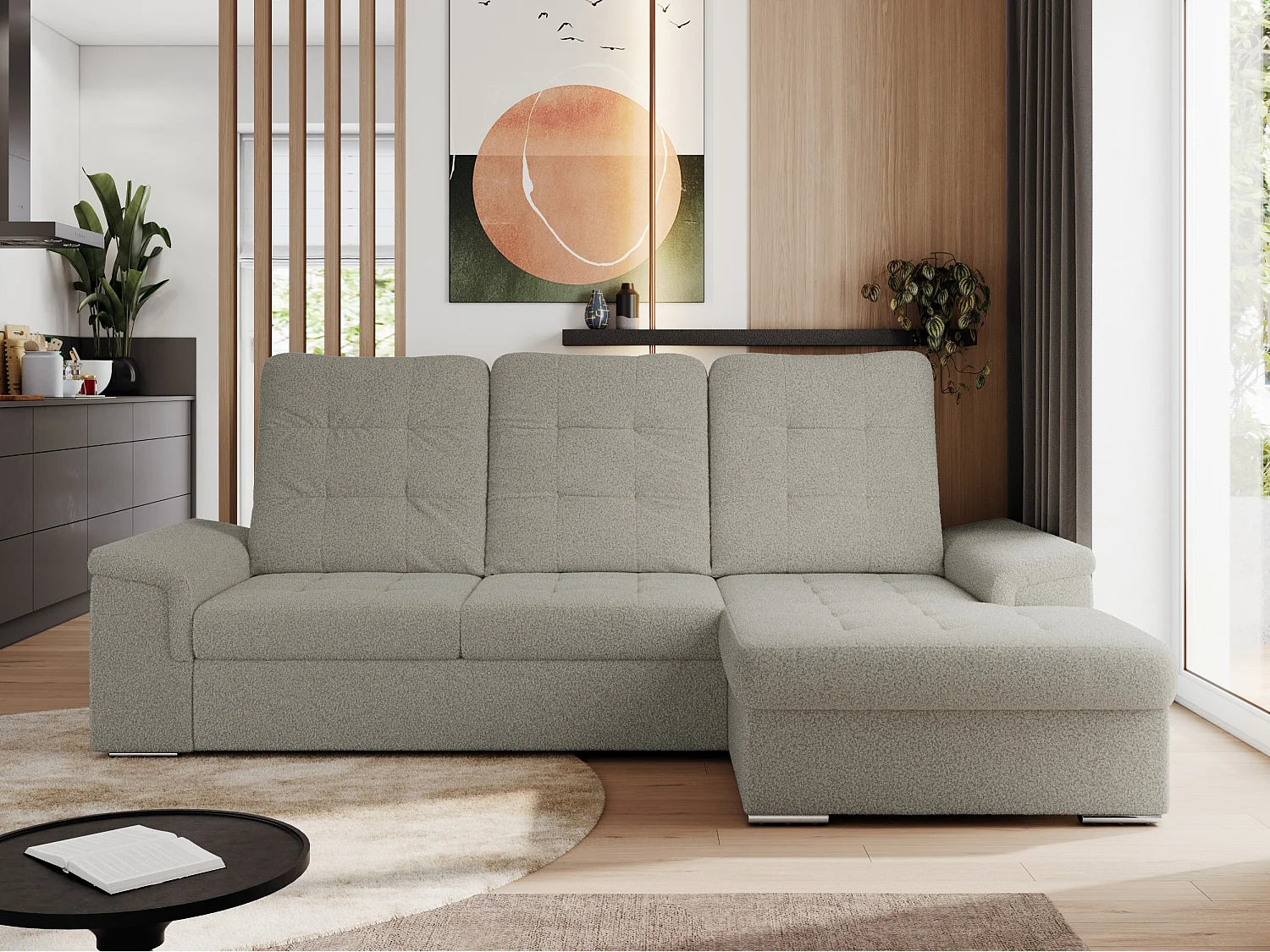 Ecksofa MADRITO - mit verstellbarer Rückenlehne, Armlehnen, gestepptem Sitz und Rückenlehne, Schlaffunktion - Hellgrau Boucle - Ecke Rechts