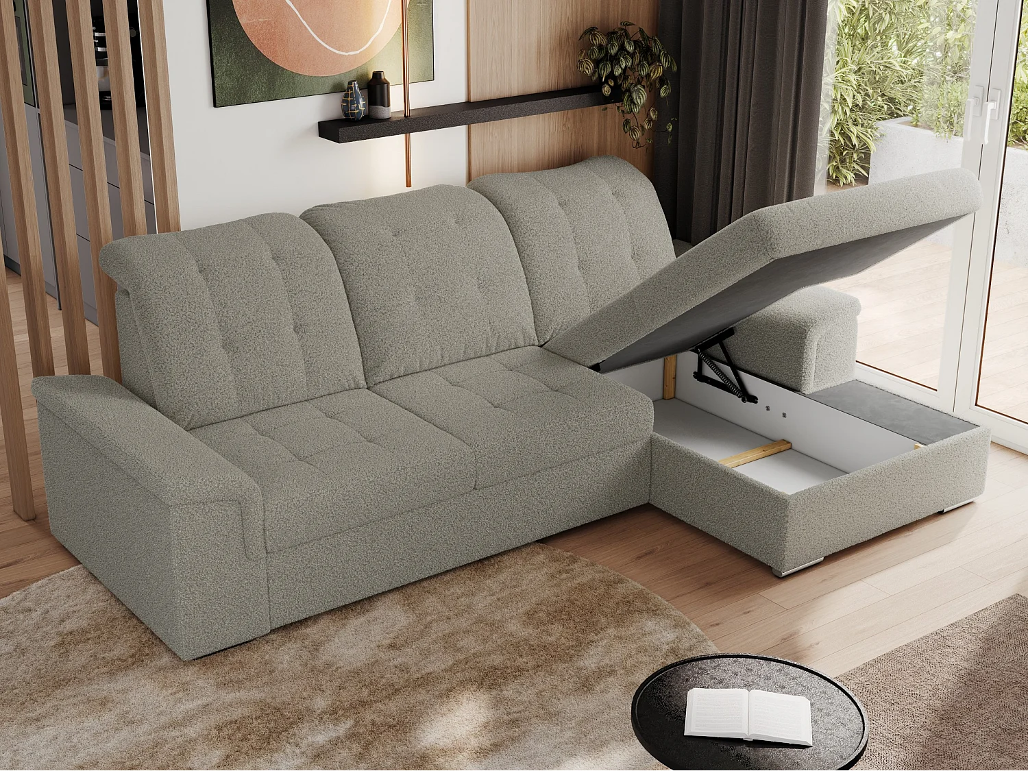 Ecksofa MADRITO - mit verstellbarer Rückenlehne, Armlehnen, gestepptem Sitz und Rückenlehne, Schlaffunktion - Hellgrau Boucle - Ecke Rechts