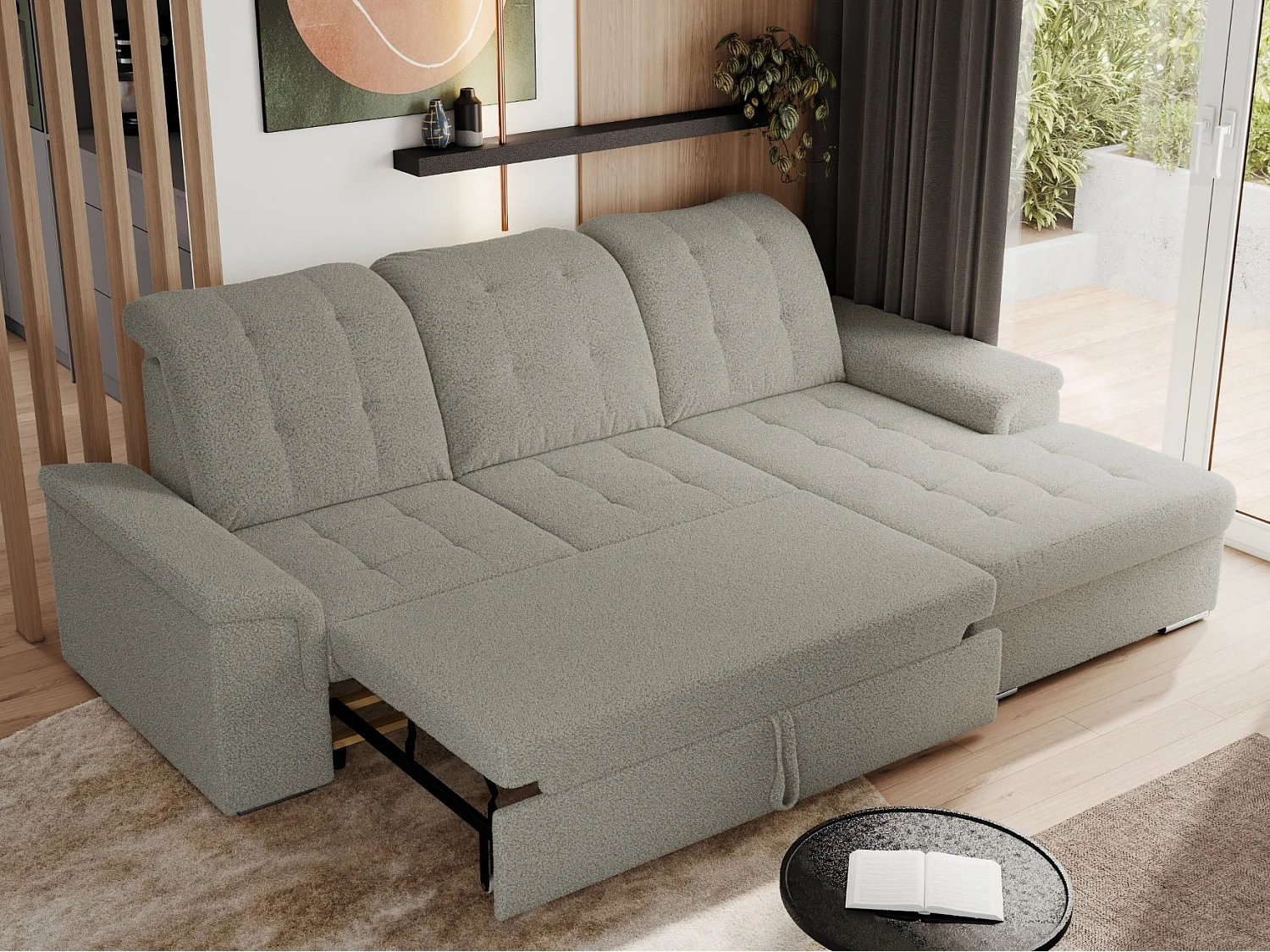 Ecksofa MADRITO - mit verstellbarer Rückenlehne, Armlehnen, gestepptem Sitz und Rückenlehne, Schlaffunktion - Hellgrau Boucle - Ecke Rechts