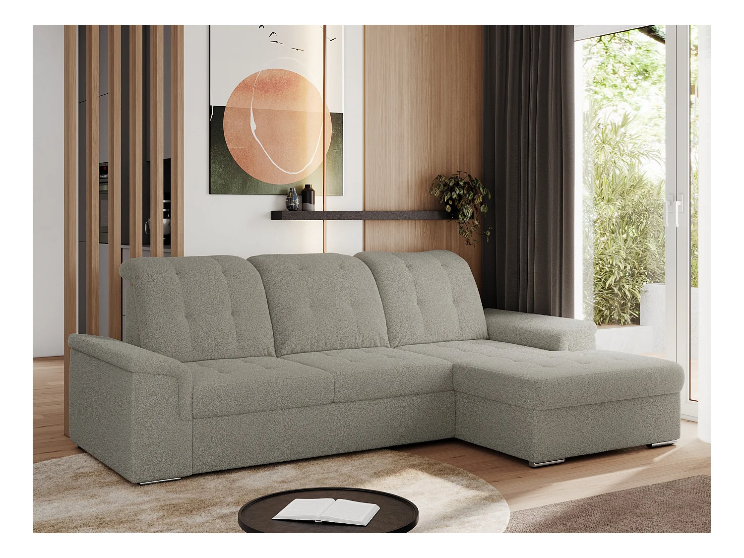 Ecksofa MADRITO - mit verstellbarer Rückenlehne, Armlehnen, gestepptem Sitz und Rückenlehne, Schlaffunktion - Hellgrau Boucle - Ecke Rechts