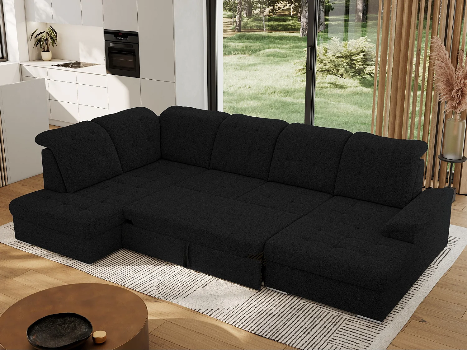 Ecksofa MADRITO U - mit verstellbarer Rückenlehne, Armlehne, L-förmige Ecke, Bettkasten - Schwarz Boucle - Ecke Links