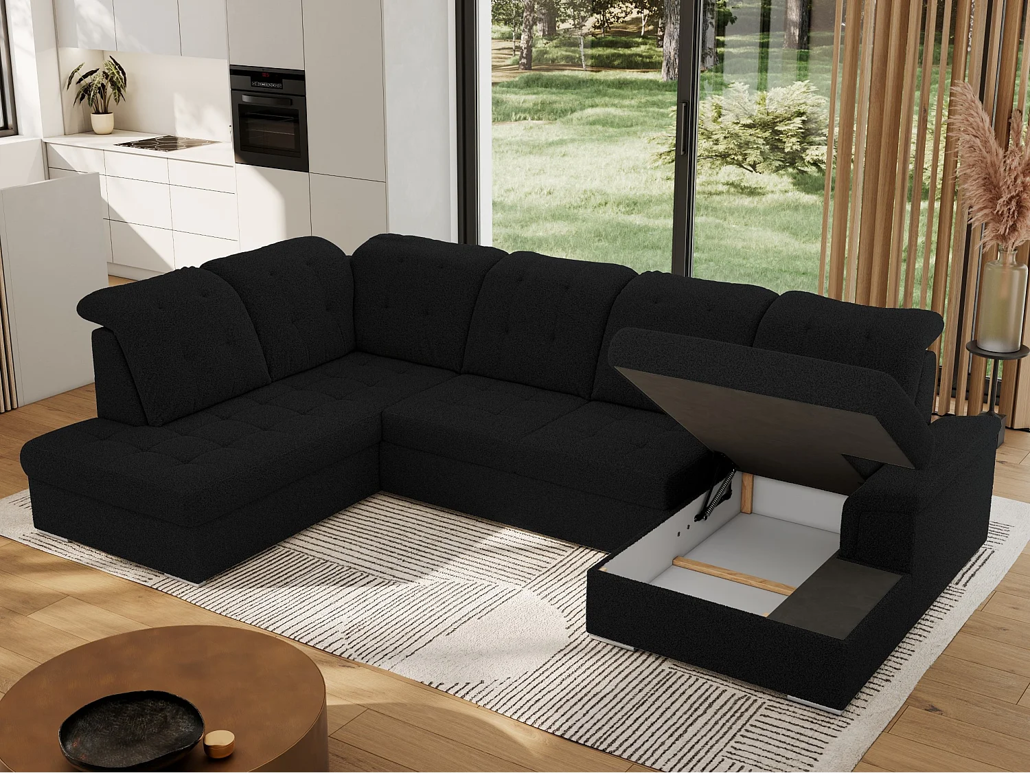 Ecksofa MADRITO U - mit verstellbarer Rückenlehne, Armlehne, L-förmige Ecke, Bettkasten - Schwarz Boucle - Ecke Links