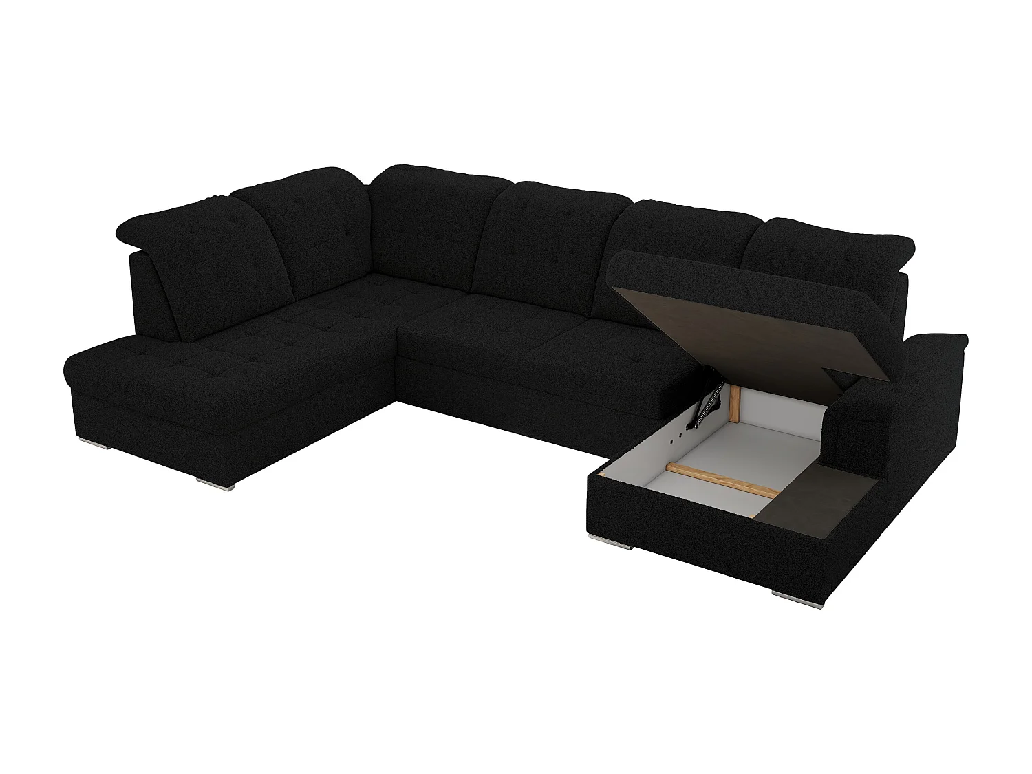 Ecksofa MADRITO U - mit verstellbarer Rückenlehne, Armlehne, L-förmige Ecke, Bettkasten - Schwarz Boucle - Ecke Links