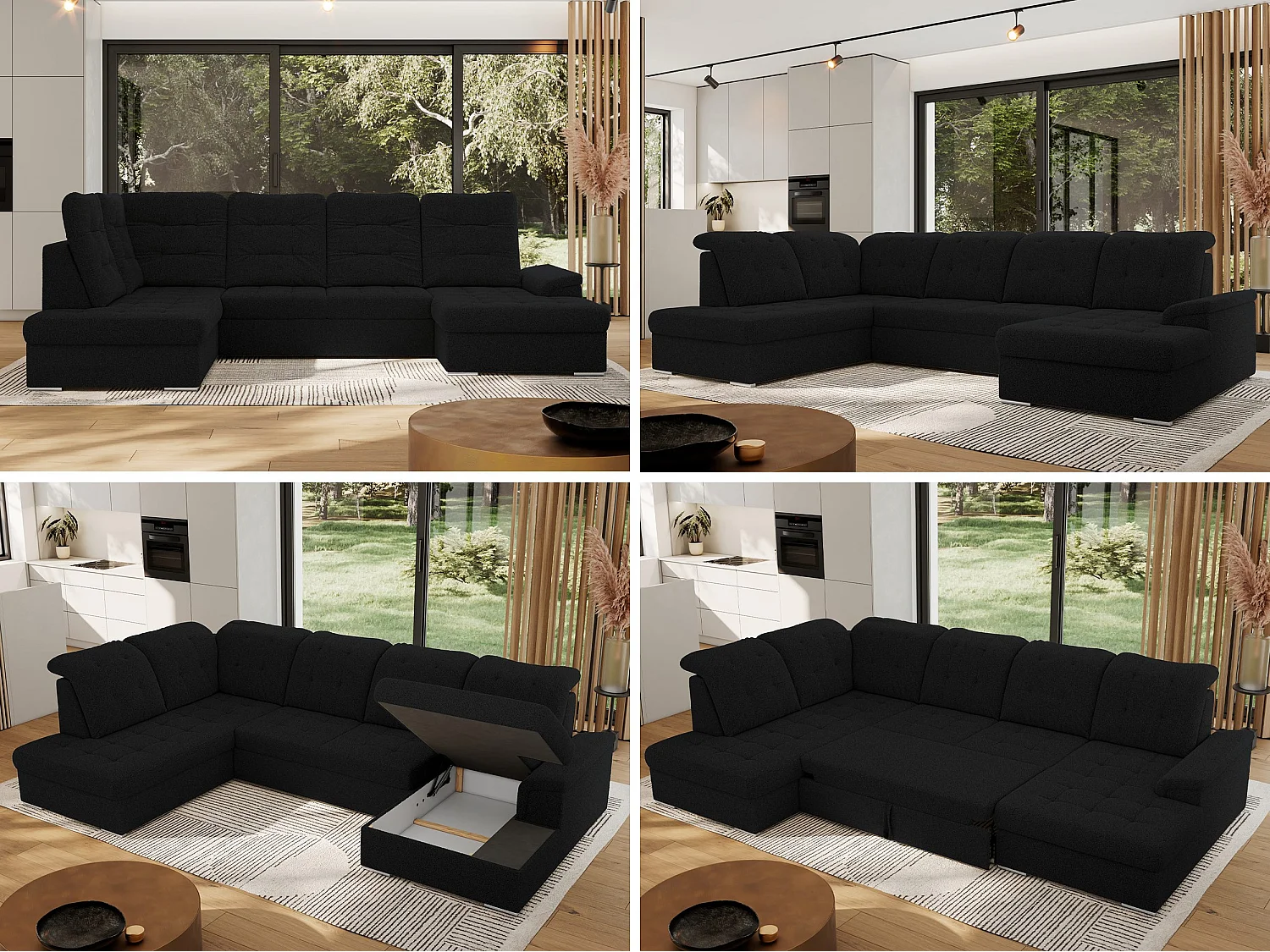 Ecksofa MADRITO U - mit verstellbarer Rückenlehne, Armlehne, L-förmige Ecke, Bettkasten - Schwarz Boucle - Ecke Links