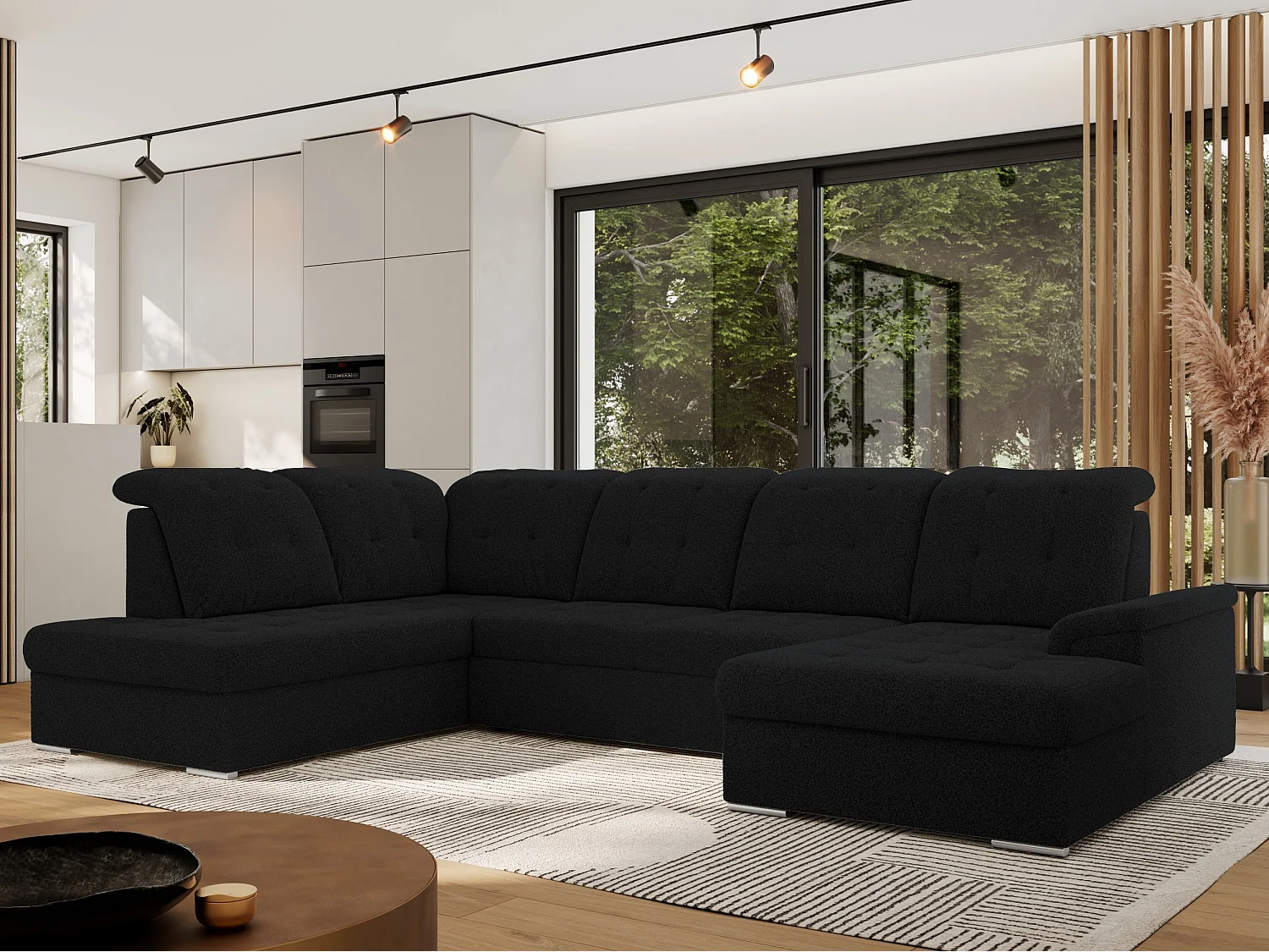 Ecksofa MADRITO U - mit verstellbarer Rückenlehne, Armlehne, L-förmige Ecke, Bettkasten - Schwarz Boucle - Ecke Links