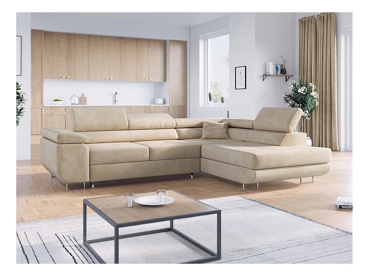 Ecksofa GUSTAW - mit Schlaffunktion, verstellbare Kopfstützen, Metallbeine - Beige Velvet - Ecke Rechts