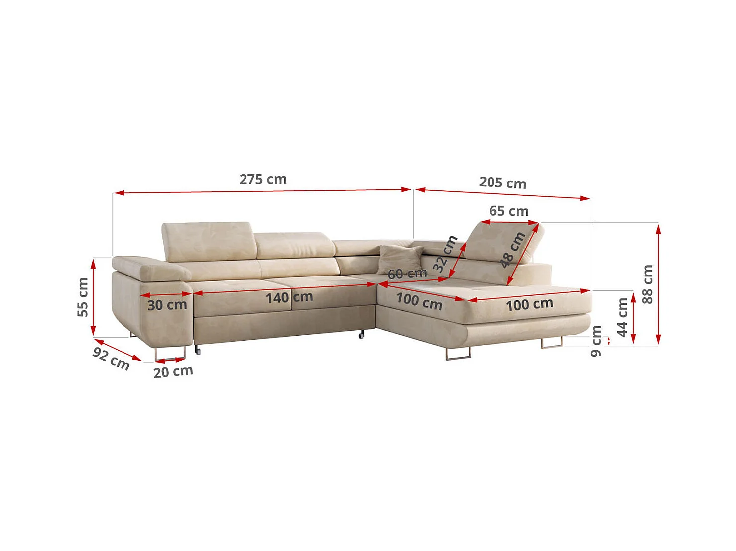Ecksofa GUSTAW - mit Schlaffunktion, verstellbare Kopfstützen, Metallbeine - Beige Velvet - Ecke Rechts