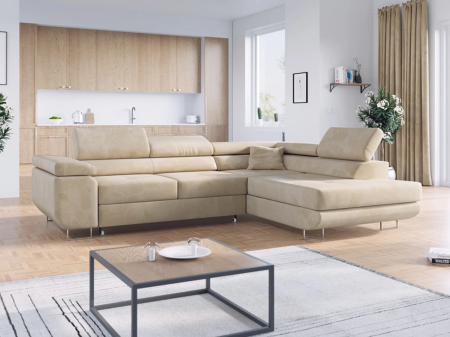 Ecksofa GUSTAW - mit Schlaffunktion, verstellbare Kopfstützen, Metallbeine - Beige Velvet - Ecke Rechts