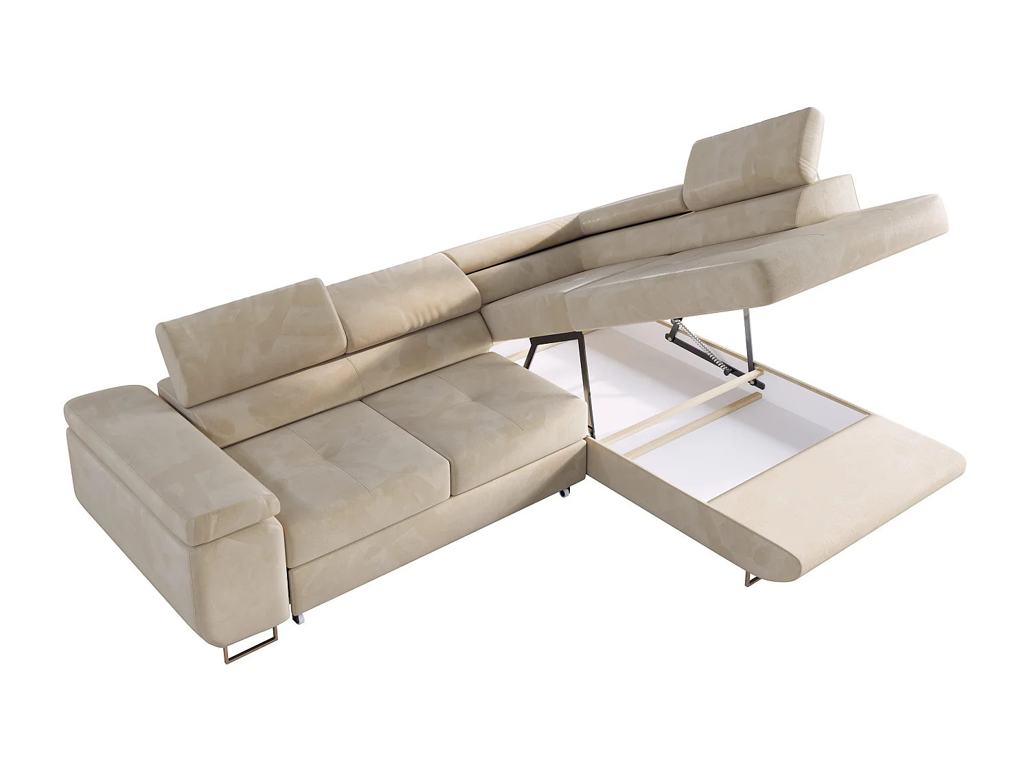 Ecksofa GUSTAW - mit Schlaffunktion, verstellbare Kopfstützen, Metallbeine - Beige Velvet - Ecke Rechts