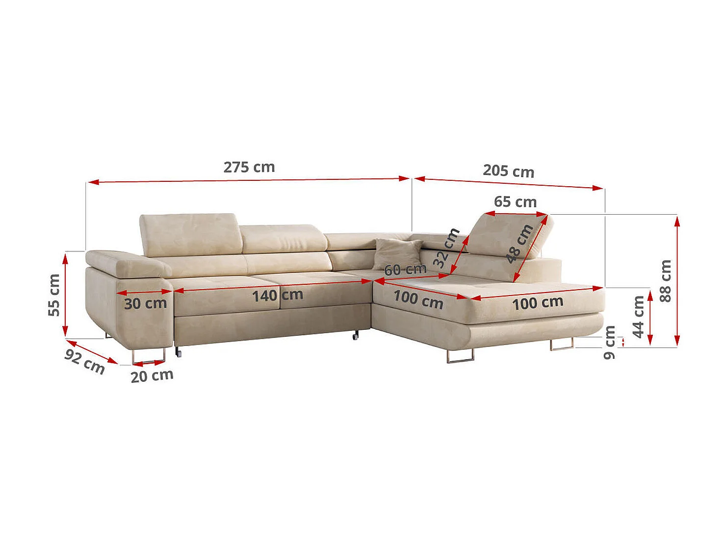 Ecksofa GUSTAW - mit Schlaffunktion, verstellbare Kopfstützen, Metallbeine - Beige Velvet - Ecke Rechts
