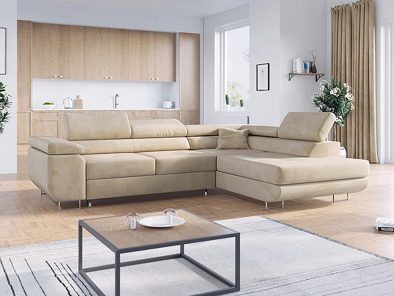 Ecksofa GUSTAW - mit Schlaffunktion, verstellbare Kopfstützen, Metallbeine - Beige Velvet - Ecke Rechts
