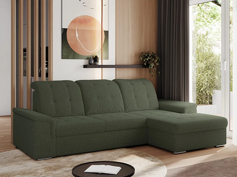 Ecksofa MADRITO - mit verstellbarer Rückenlehne, Armlehnen, gestepptem Sitz und Rückenlehne, Schlaffunktion - Grün Boucle - Ecke Rechts