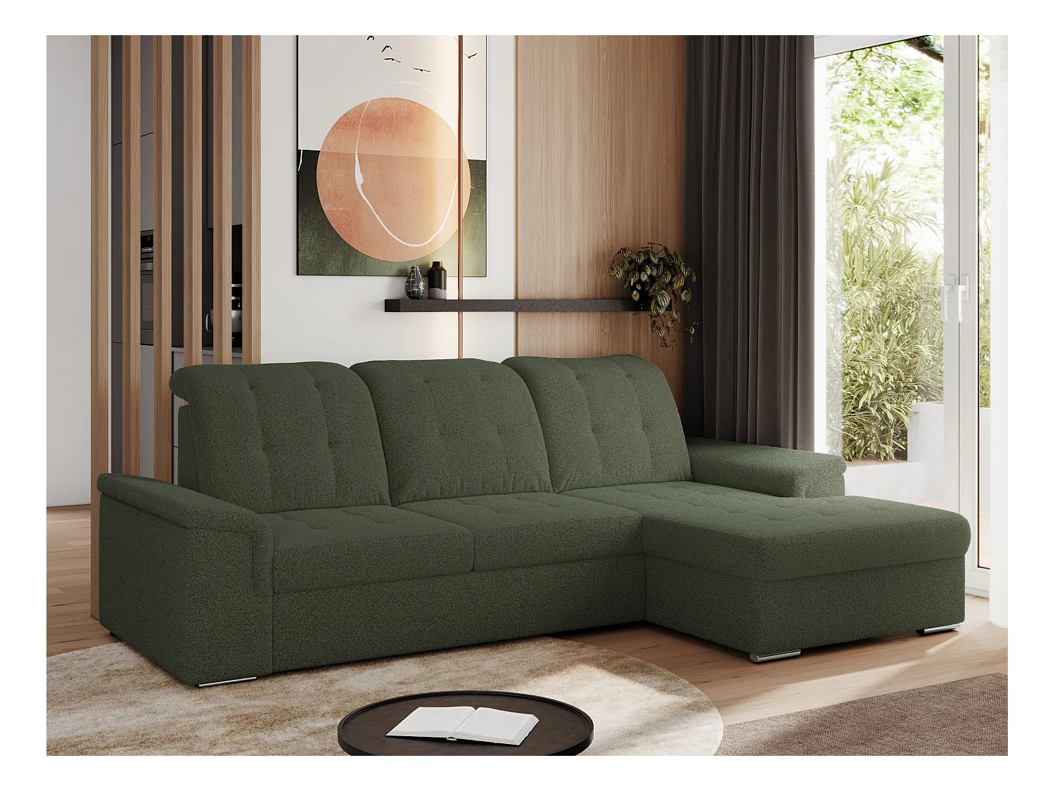 Ecksofa MADRITO - mit verstellbarer Rückenlehne, Armlehnen, gestepptem Sitz und Rückenlehne, Schlaffunktion - Grün Boucle - Ecke Rechts