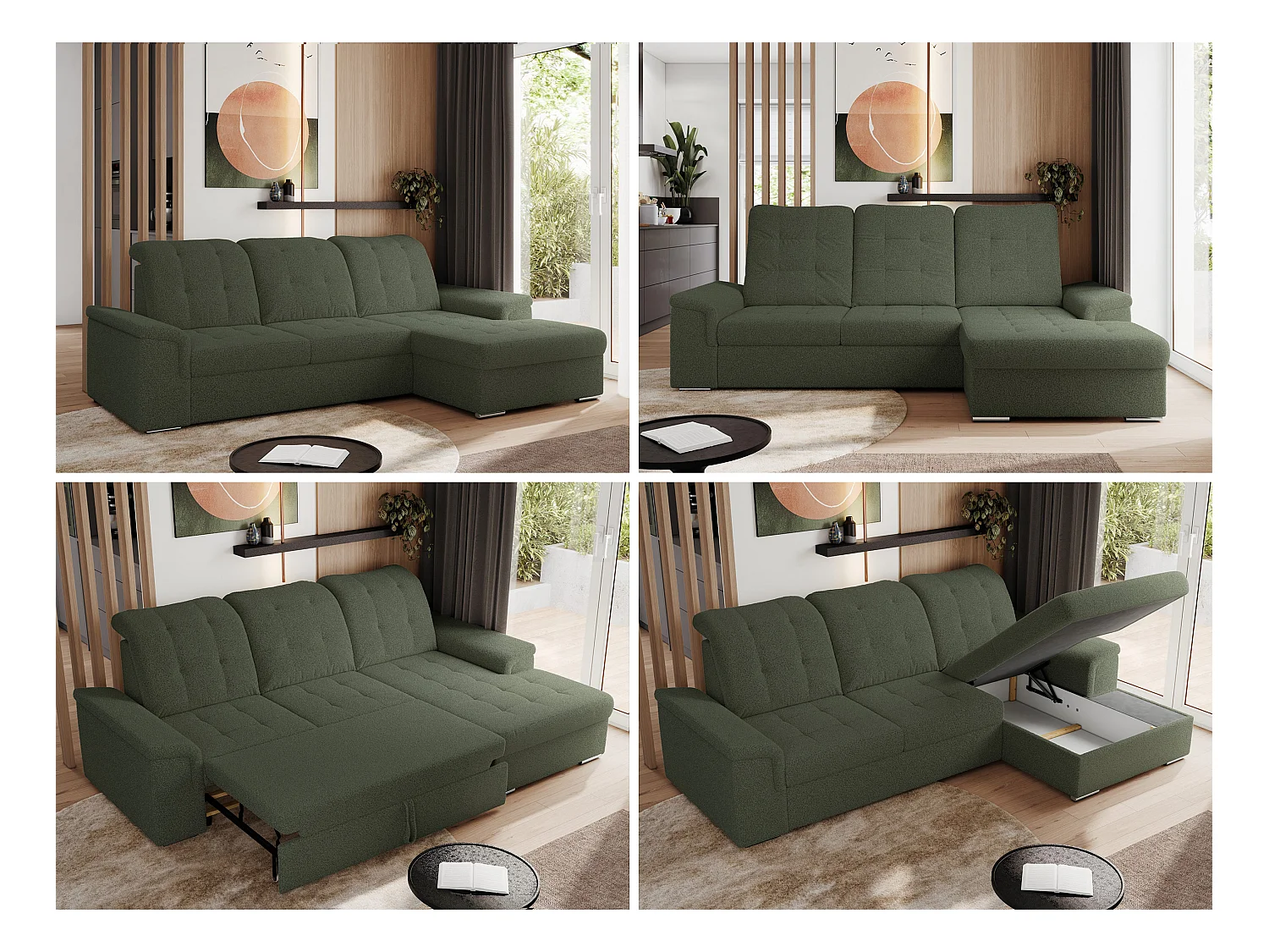 Ecksofa MADRITO - mit verstellbarer Rückenlehne, Armlehnen, gestepptem Sitz und Rückenlehne, Schlaffunktion - Grün Boucle - Ecke Rechts