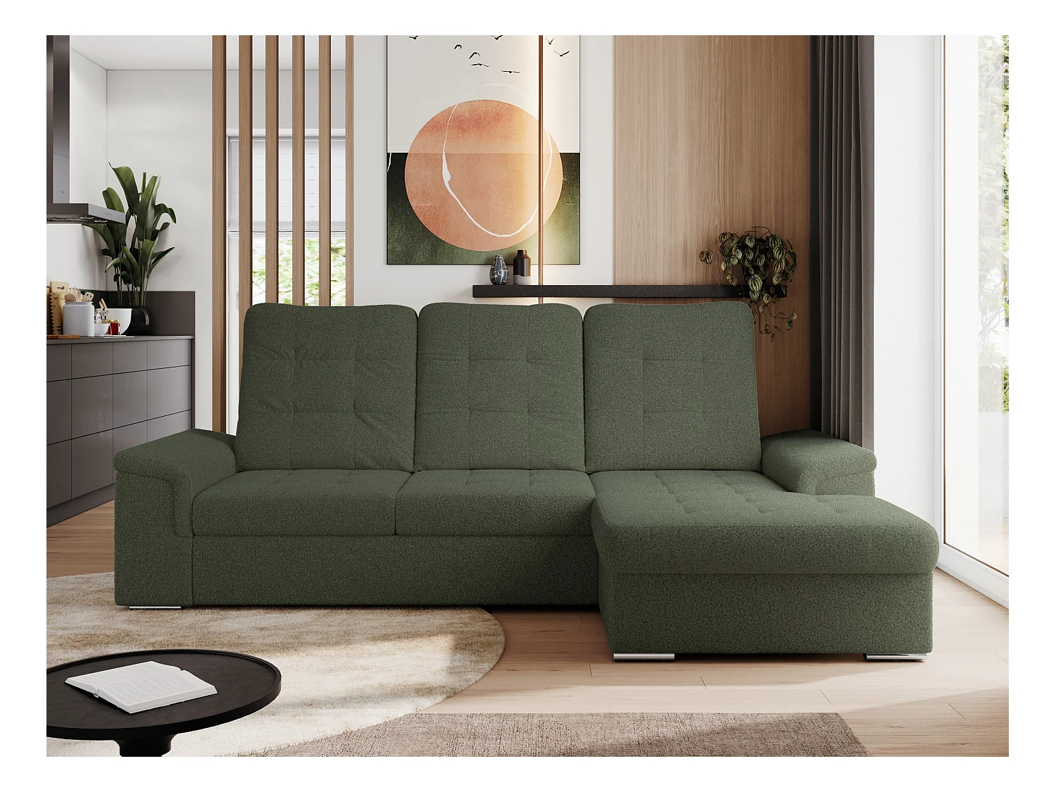 Ecksofa MADRITO - mit verstellbarer Rückenlehne, Armlehnen, gestepptem Sitz und Rückenlehne, Schlaffunktion - Grün Boucle - Ecke Rechts