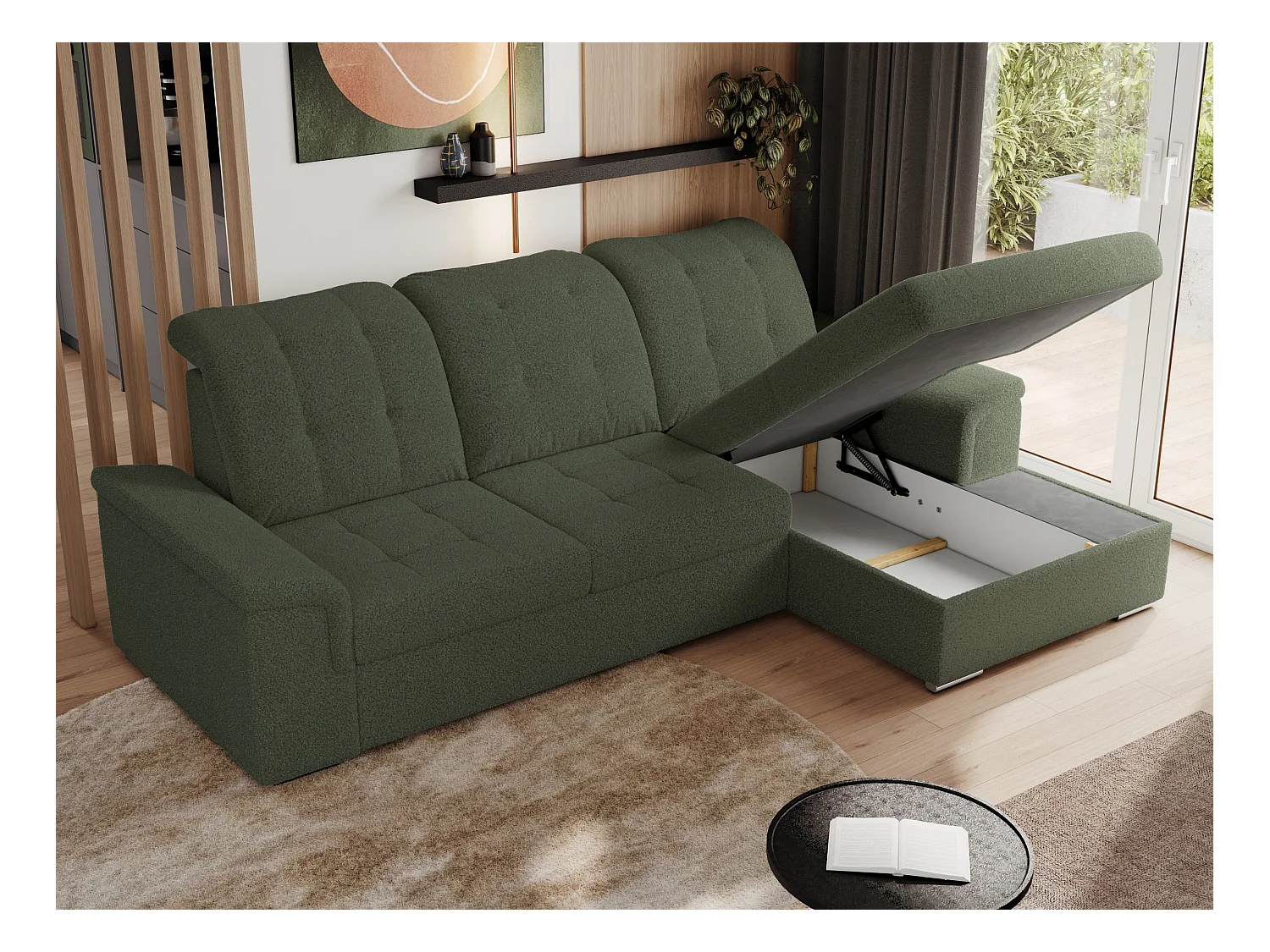 Ecksofa MADRITO - mit verstellbarer Rückenlehne, Armlehnen, gestepptem Sitz und Rückenlehne, Schlaffunktion - Grün Boucle - Ecke Rechts