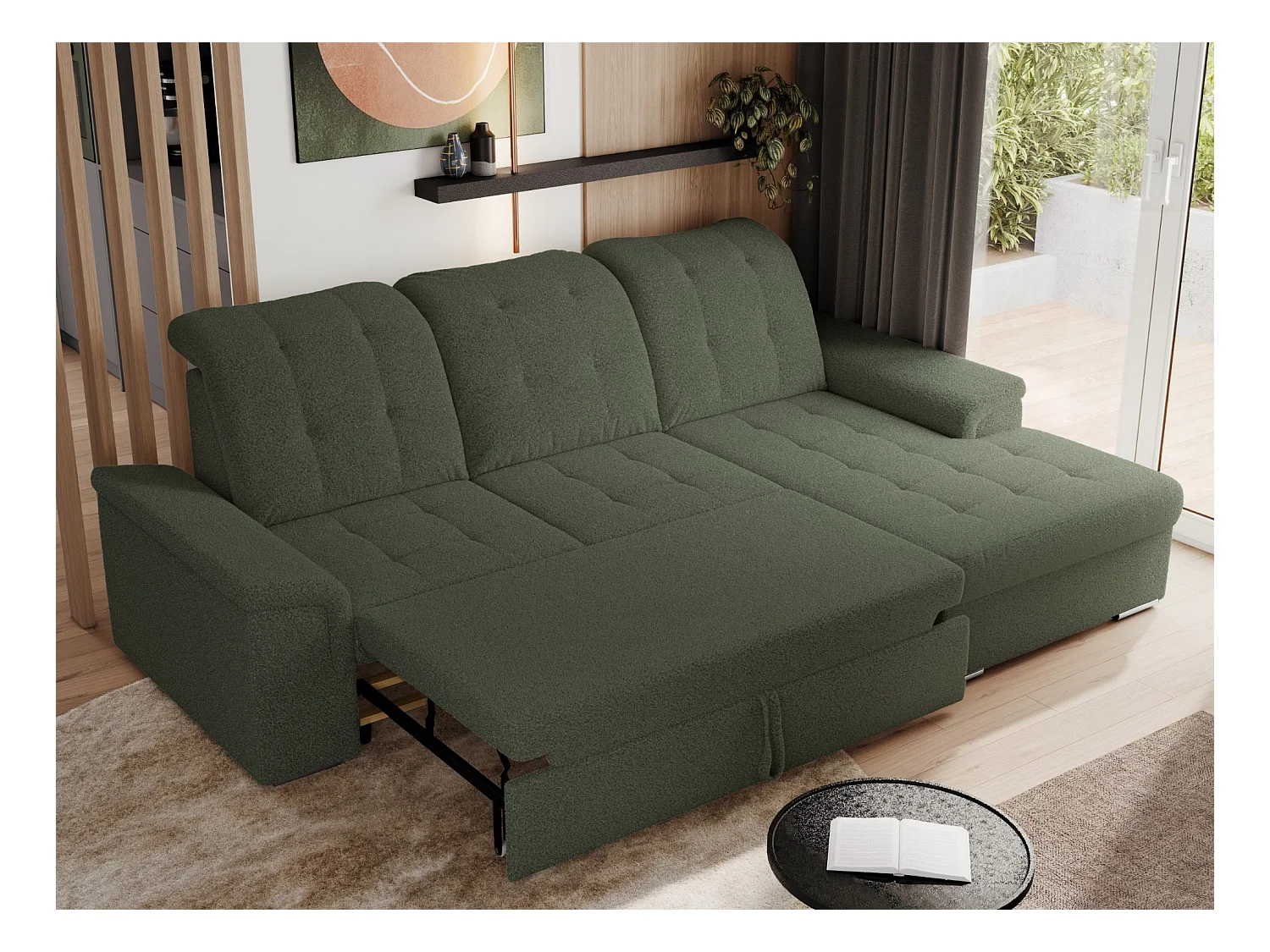 Ecksofa MADRITO - mit verstellbarer Rückenlehne, Armlehnen, gestepptem Sitz und Rückenlehne, Schlaffunktion - Grün Boucle - Ecke Rechts