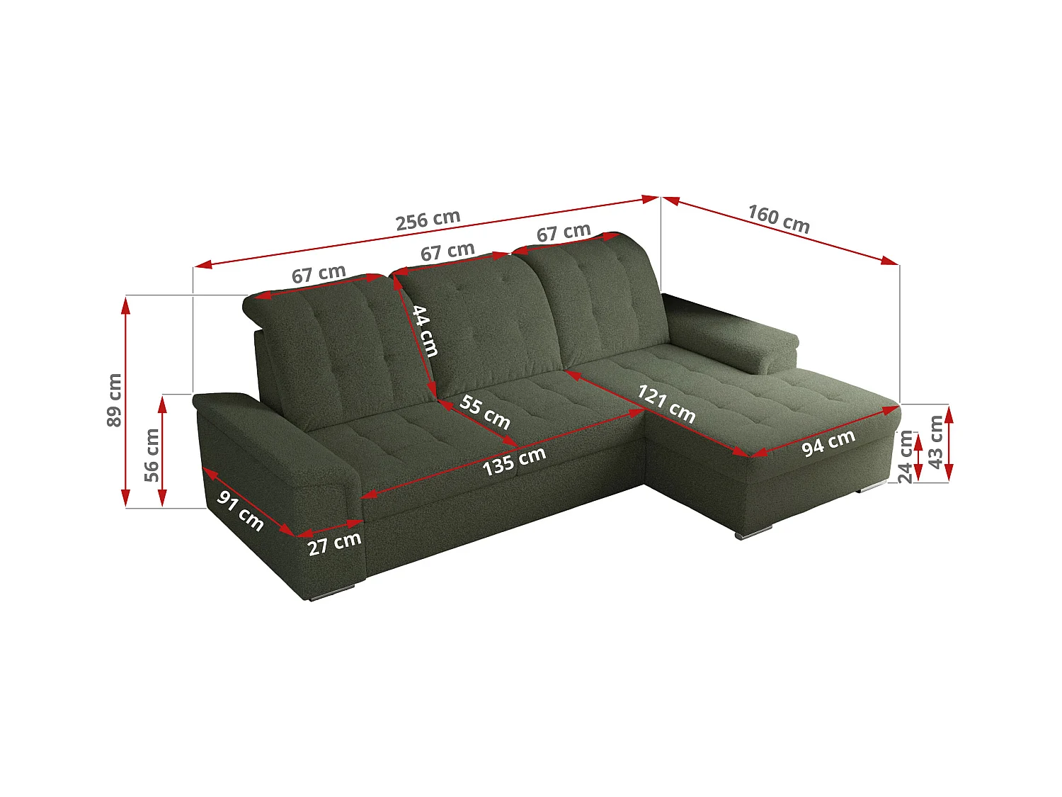 Ecksofa MADRITO - mit verstellbarer Rückenlehne, Armlehnen, gestepptem Sitz und Rückenlehne, Schlaffunktion - Grün Boucle - Ecke Rechts