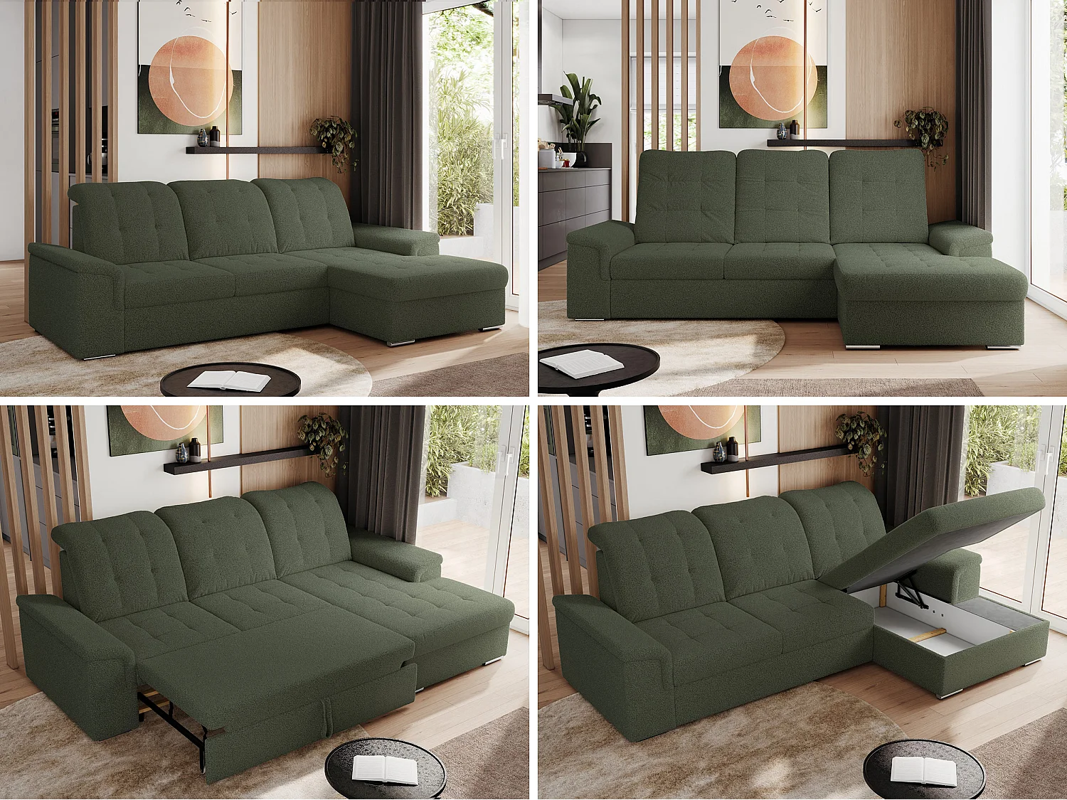 Ecksofa MADRITO - mit verstellbarer Rückenlehne, Armlehnen, gestepptem Sitz und Rückenlehne, Schlaffunktion - Grün Boucle - Ecke Rechts