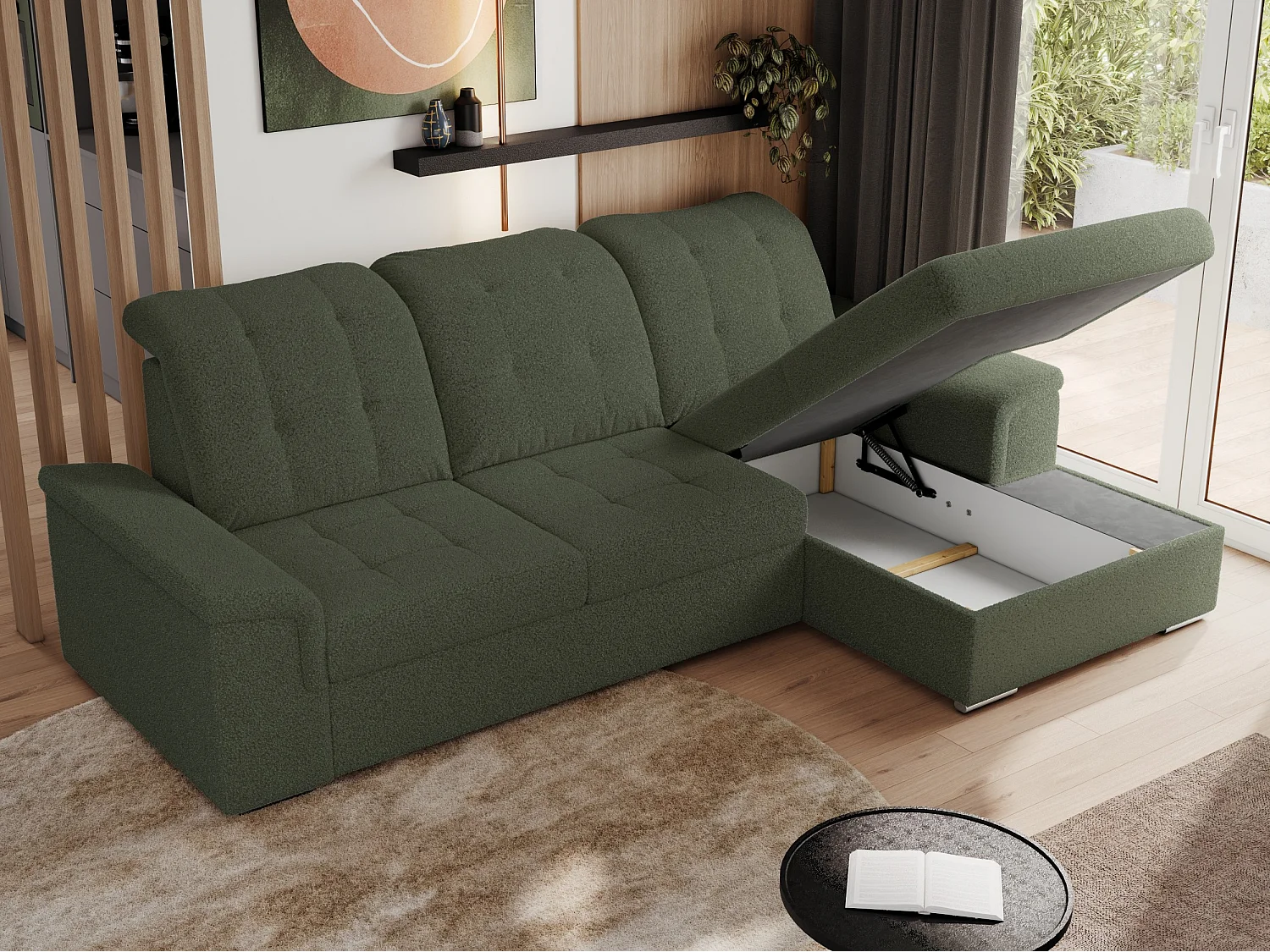 Ecksofa MADRITO - mit verstellbarer Rückenlehne, Armlehnen, gestepptem Sitz und Rückenlehne, Schlaffunktion - Grün Boucle - Ecke Rechts