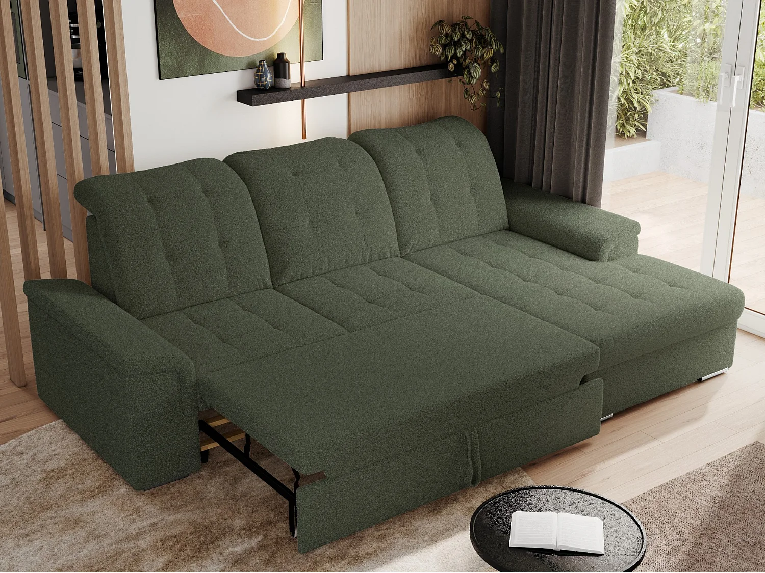 Ecksofa MADRITO - mit verstellbarer Rückenlehne, Armlehnen, gestepptem Sitz und Rückenlehne, Schlaffunktion - Grün Boucle - Ecke Rechts