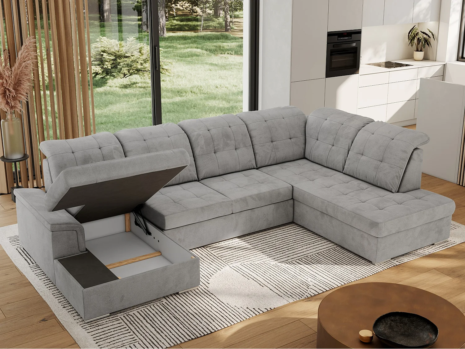 Ecksofa MADRITO U - mit verstellbarer Rückenlehne, Armlehne, L-förmige Ecke, Bettkasten - Hellgrau Velvet - Ecke Rechts