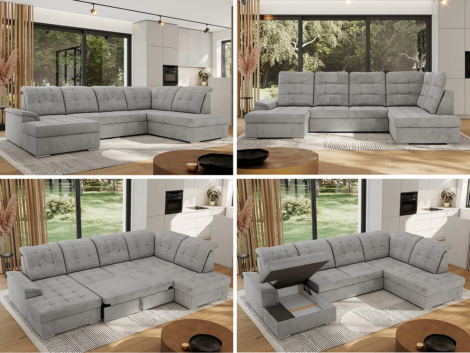 Ecksofa MADRITO U - mit verstellbarer Rückenlehne, Armlehne, L-förmige Ecke, Bettkasten - Hellgrau Velvet - Ecke Rechts