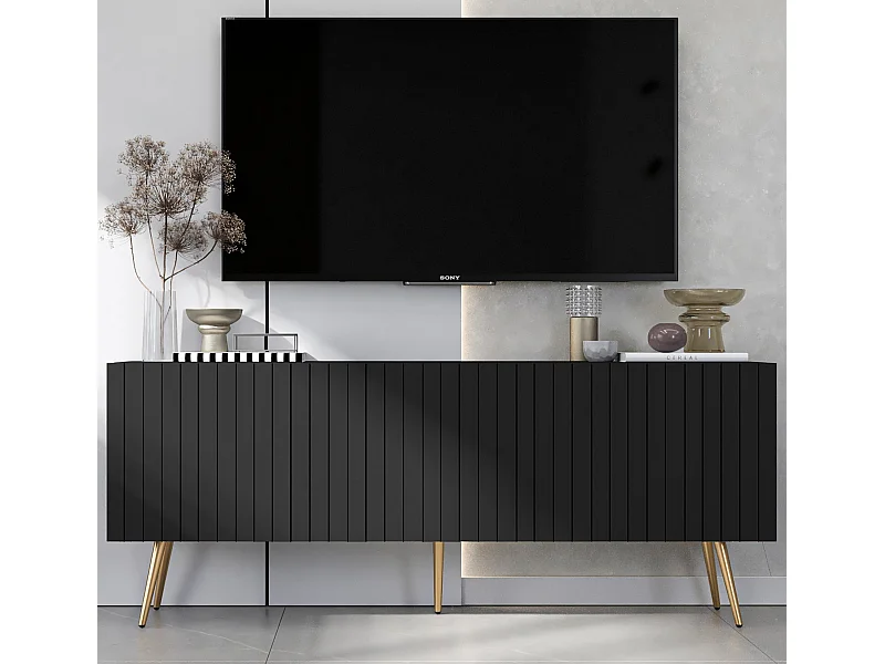 Meuble TV avec 4 portes - Corps Noir mat, façades rainurées Noir mat - 150 cm, pieds dorés