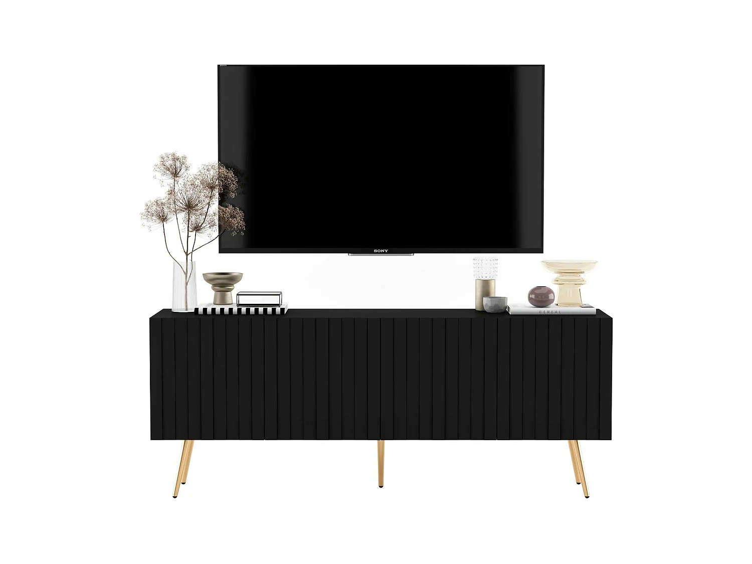 Meuble TV avec 4 portes - Corps Noir mat, façades rainurées Noir mat - 150 cm, pieds dorés