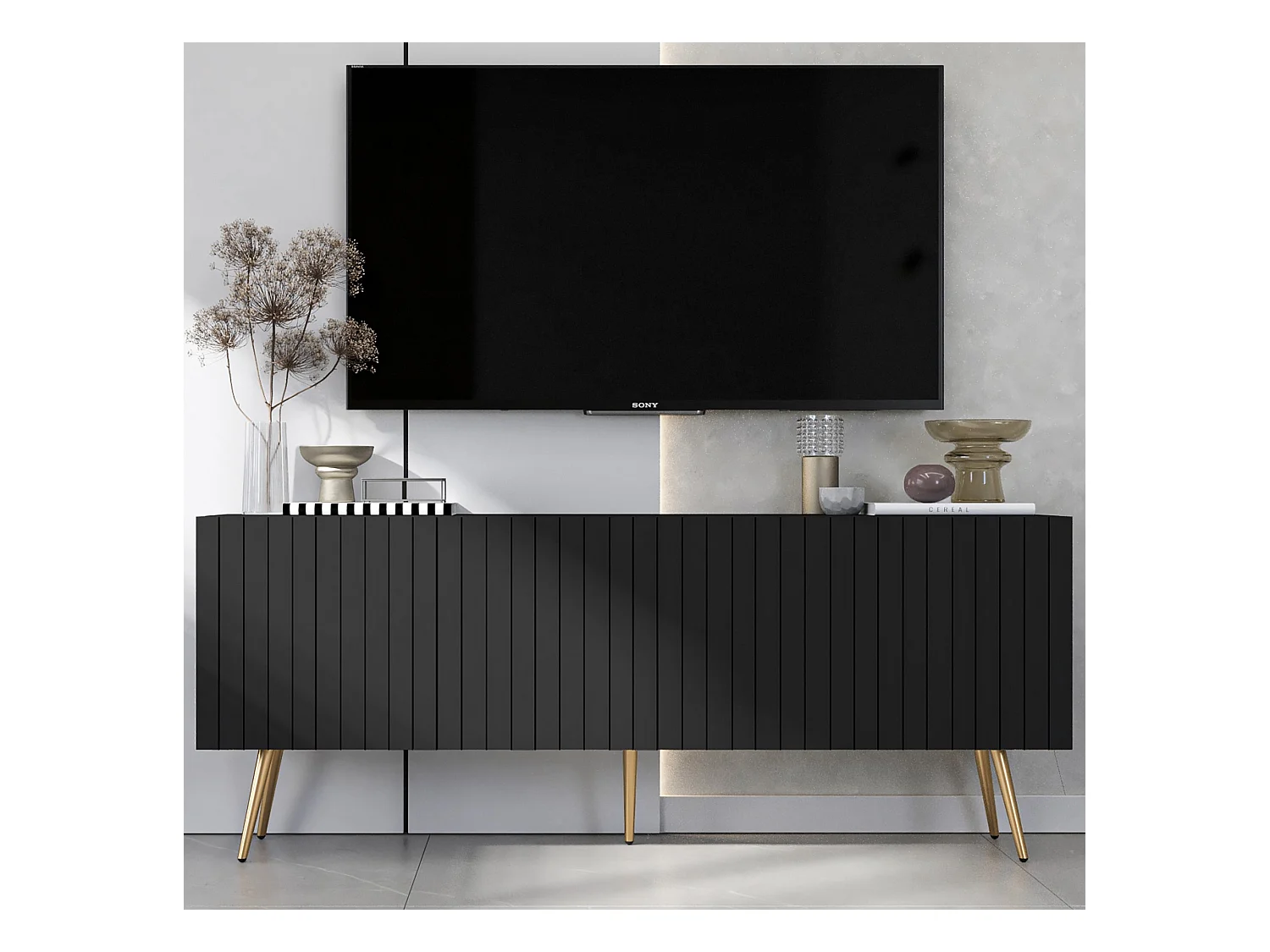 Meuble TV avec 4 portes - Corps Noir mat, façades rainurées Noir mat - 150 cm, pieds dorés