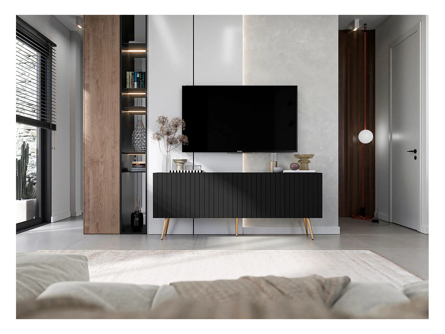 Meuble TV avec 4 portes - Corps Noir mat, façades rainurées Noir mat - 150 cm, pieds dorés