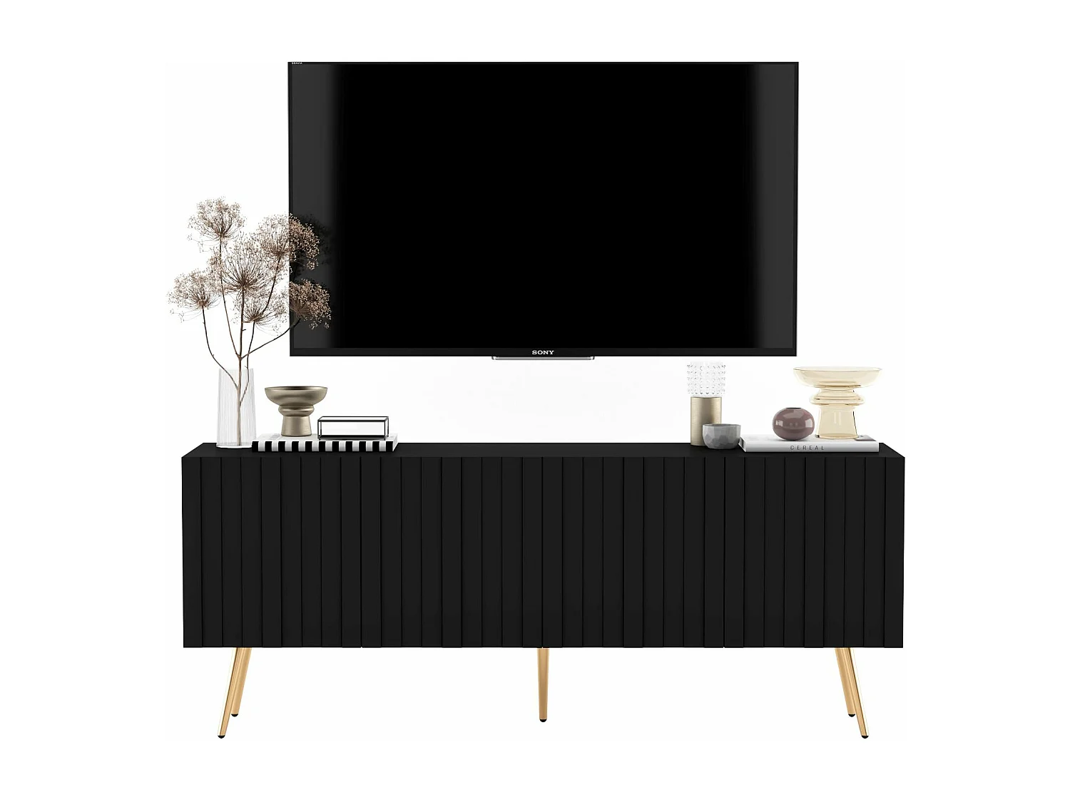 Meuble TV avec 4 portes - Corps Noir mat, façades rainurées Noir mat - 150 cm, pieds dorés