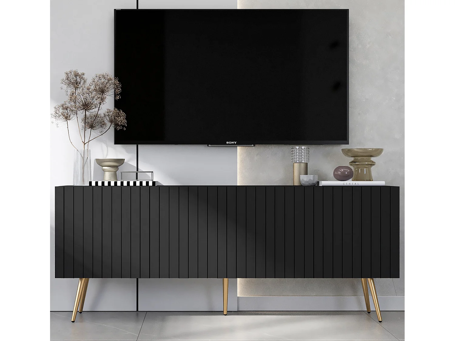 Meuble TV avec 4 portes - Corps Noir mat, façades rainurées Noir mat - 150 cm, pieds dorés